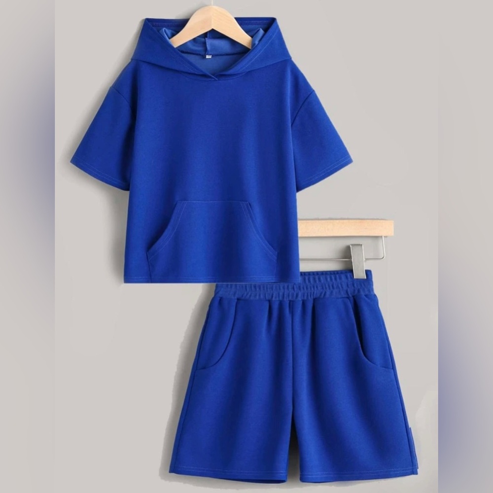 SHEIN Tween Boy Solid Hooded Tee & Track Shorts (Size: 13-14 yrs)